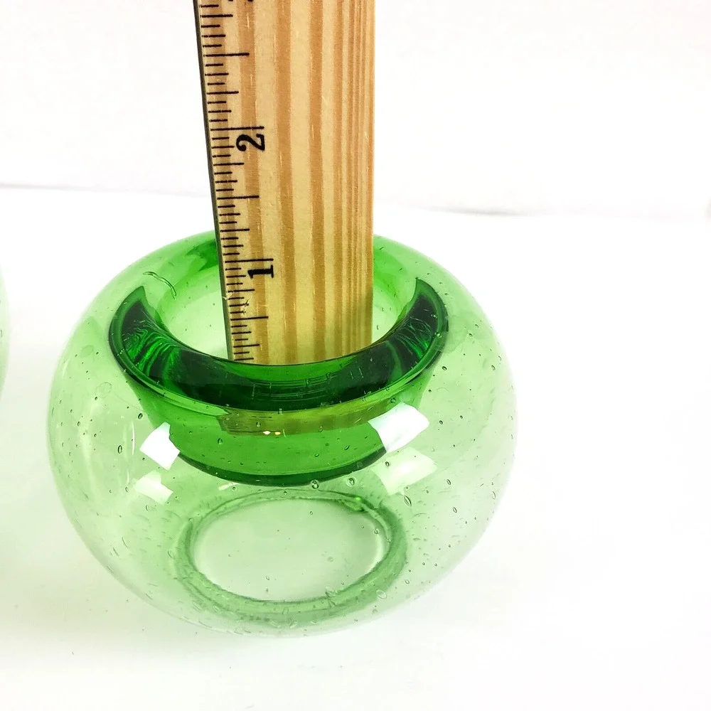 2Pc Art Glass Green Vase Votive Candle Holder Hand Blown Seeded Bubble Reversibl